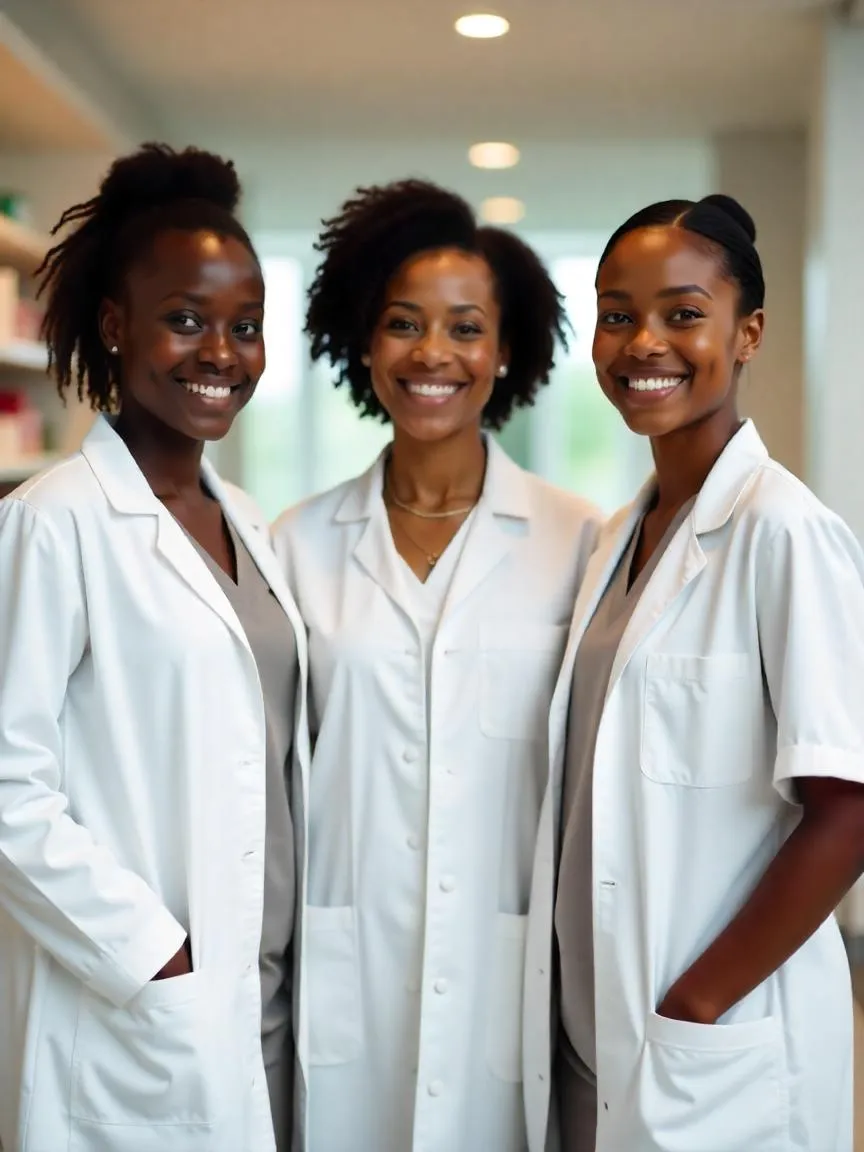 Pharmacists serving customers at a counter in Accra
